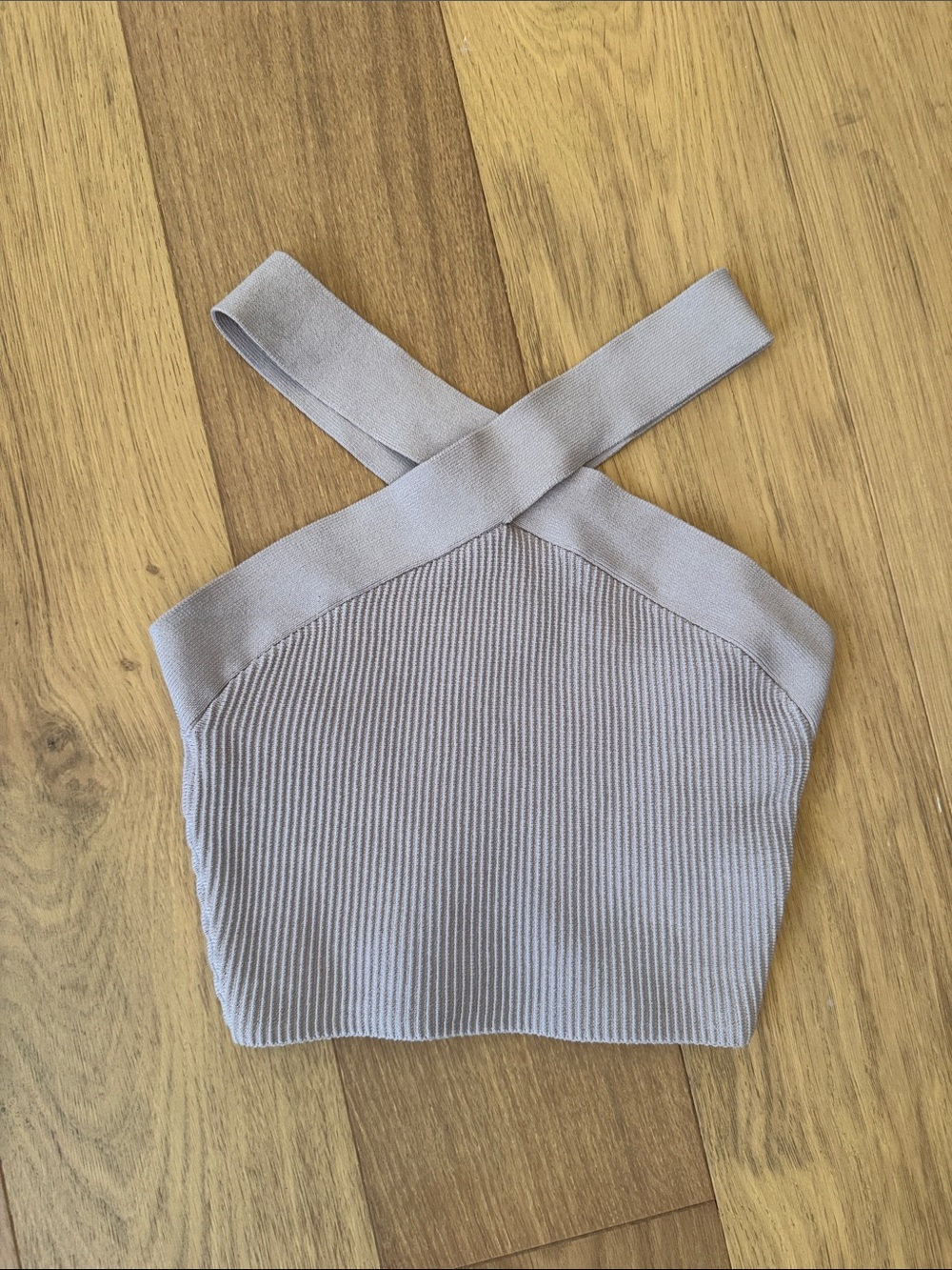 Aritzia Lilac Gray Ribbed Cross-Back Crop Top